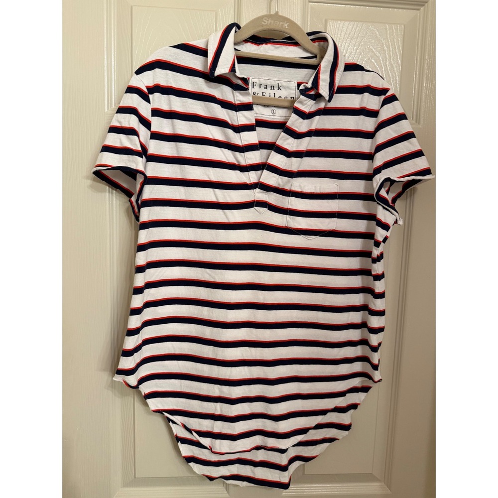 Frank & Eileen Striped Short Sleeve Polo Shirt White Navy Red Large